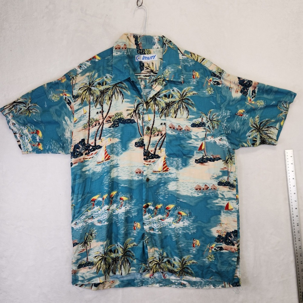 Utility Mens Blue Tropical Island Palm Tree Short Sleeve Hawaiian Camp Shirt XL